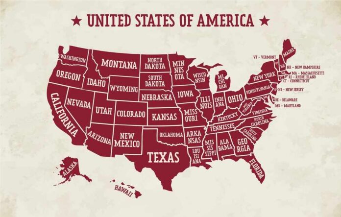Map of the United States with state names labeled