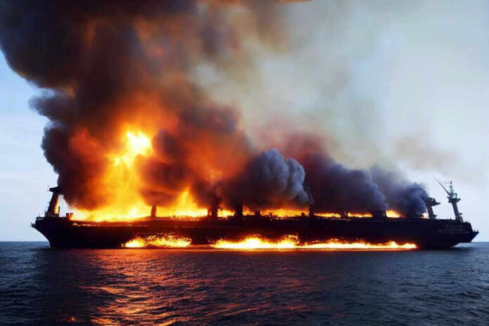shutterstock_2218216971 Large ship engulfed in flames on the ocean.