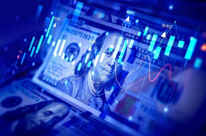 US dollar bills with overlaid stock market charts