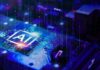 AI chip on a motherboard glowing with blue circuitry
