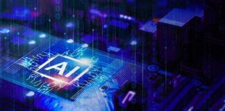 AI chip on a motherboard glowing with blue circuitry