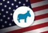 Trouble HITS Democrat Blue donkey symbol on a background of the American flag