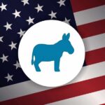 Trouble HITS Democrat Blue donkey symbol on a background of the American flag
