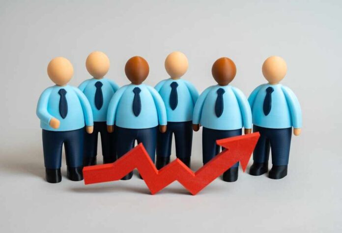 A,Group,Of,Office,Workers,And,A,Red,Arrow,Pointing Business team figurines with rising red arrow