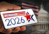 Car Crash JOLTS Campaign Hand holding a smartphone displaying 'MIDTERM 2026' with a star and American flag in the background