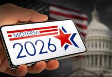 Car Crash JOLTS Campaign Hand holding a smartphone displaying 'MIDTERM 2026' with a star and American flag in the background